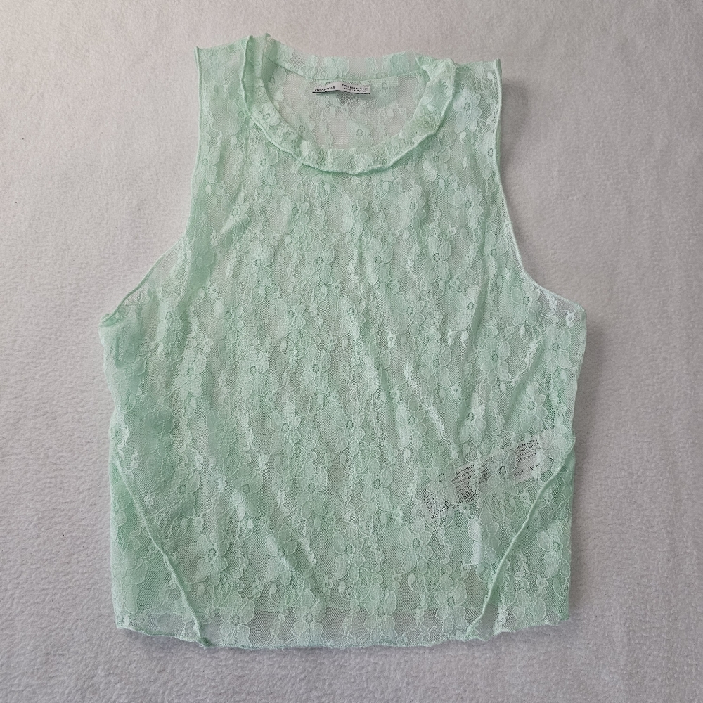Bershka Womens Mint Green Floral Lace Sleeveless Sheer Crop Top Small 2051/831